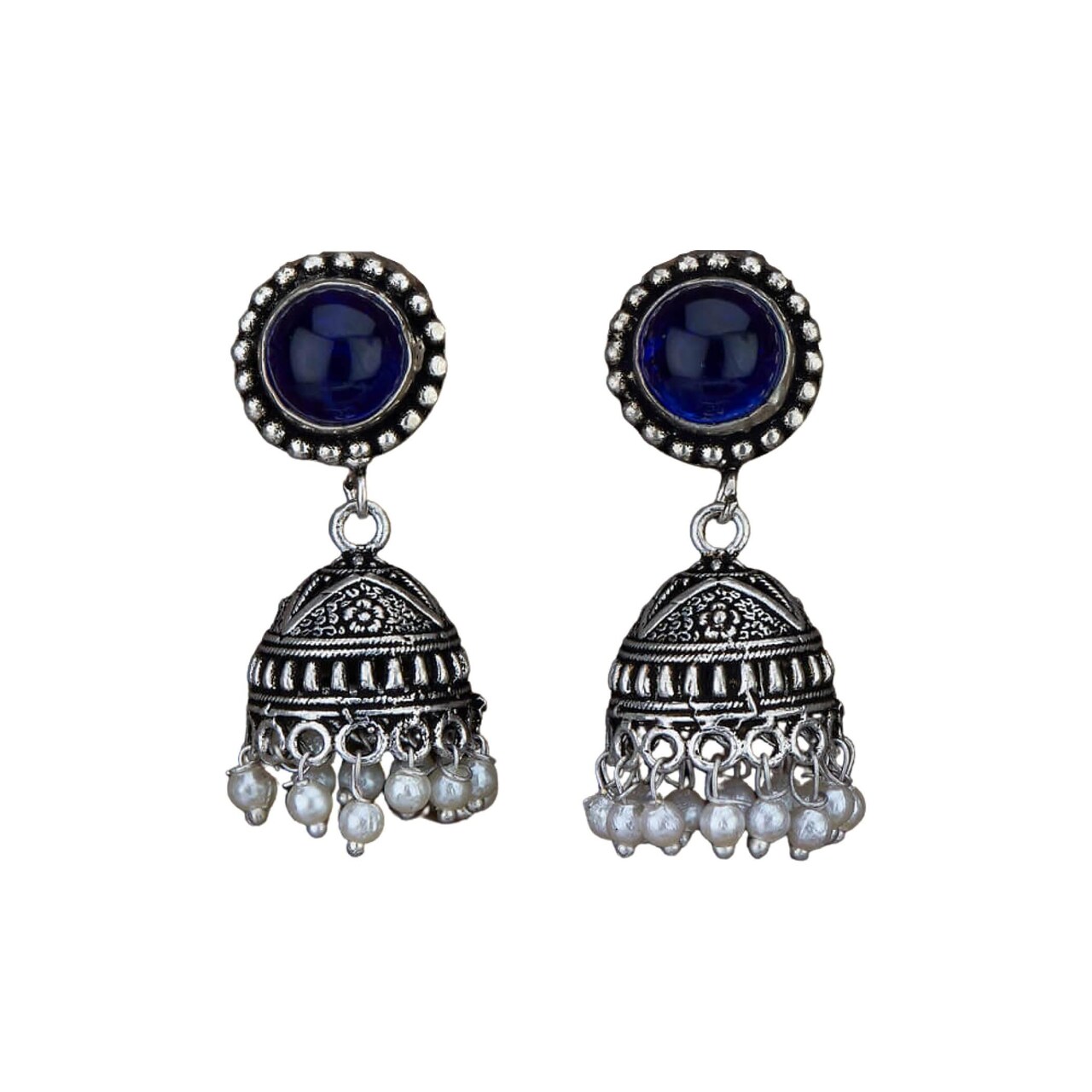 Indian Oxidized Jhumka Earrings for Women - Indian Oxidized Bell Tassel Jhumki Ethnic Chandbali Earrings Faux Pearls with Oxidized Platting Bollywood Style Dangle Earring Jewelry for Bride